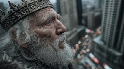 An old king with a crown and gray beard stands at the top of building with urban cityscape as background