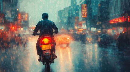 back view of a man riding motorcycle on urban city street during raining 