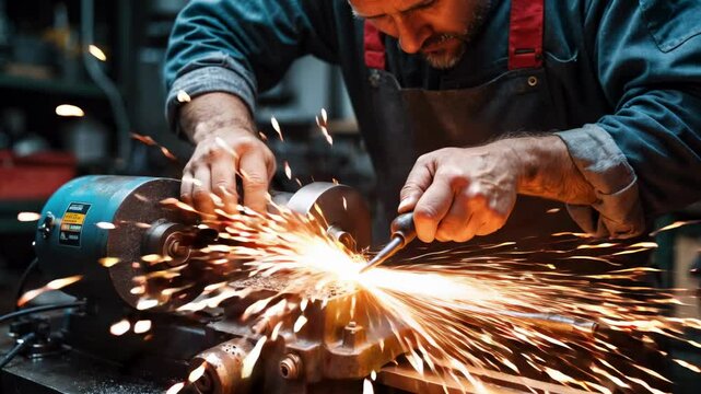 Skilled Craftsman Operating Lathe Machine with Sparks Flying in Dimly Lit Workshop