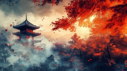 Obraz premium artful watercolor Japan scenery, beautiful old pagoda tier tower with autumn tree and fallen leaf floating around