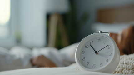 White round alarm clock showing time on bed with blurred background of person sleeping