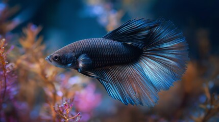 beautiful male blue Siamese fighting fish in beautiful underwater scenery with bokeh light   