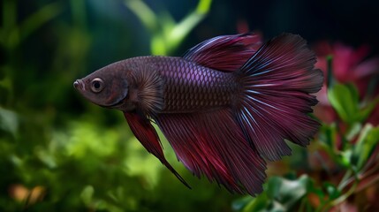 beautiful male purple  Siamese fighting fish in beautiful underwater scenery with bokeh light   