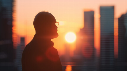 Silhouette of thoughtful man wearing glasses looking at city skyline during warm sunset light