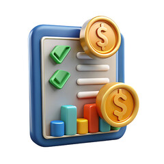 3D Render of Financial Report App Icon with Coins
