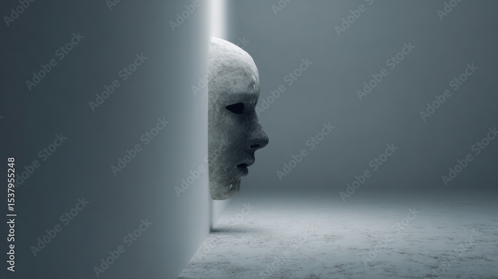 Poster Surreal Mask Merging With Neutral Void, Exploring Themes of Identity and Transformation