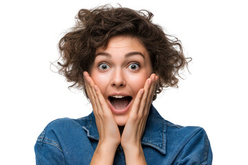 Surprised woman with hands on cheeks isolated on transparent background