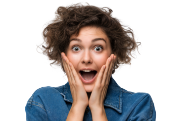 Surprised woman with hands on cheeks isolated on transparent background