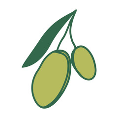 Hand drawn olive in doodle style. Mediterranean summer fruit. Coastal element for italian menu, wedding, print, invitation. Ink sketch design of Amalfi beach. Flat tropical minimalist vector illustrat