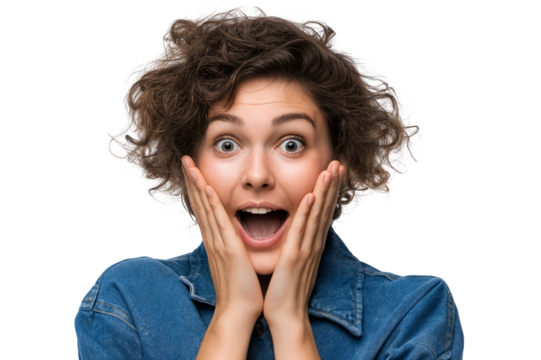 Surprised woman with hands on cheeks isolated on transparent background