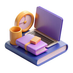 3D Render of Laptop Book and Stationary Items