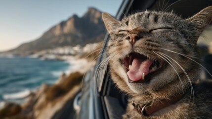 cute funny cat smiling face out of car window enjoy with breeze, car on road at ocean shore