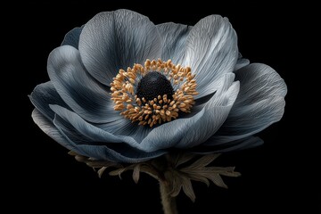 Metallic silver anemone on a black glowing background, New Year countdown inspiration, chic and stylish floral artwork