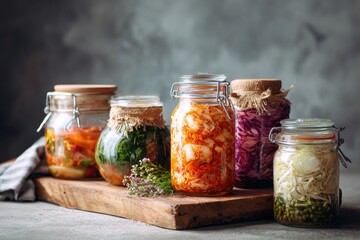 Homemade Fermented Foods on Kitchen Counter with Natural Ingredients