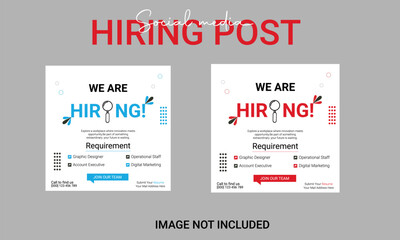 Creative we are hiring job vacancy social media post or Social Media Banner design template, We are hiring job vacancy square web banner layout