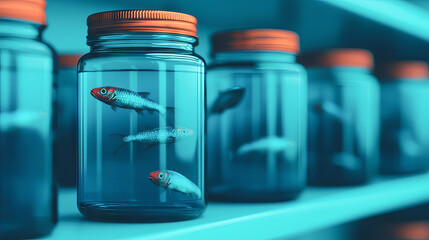 a collection of glass jars, each containing water, are lined up on a light surface