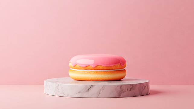 against a solid backdrop, a baked treat sits atop a round platform. the treat is round, with a layer in the middle,