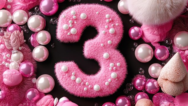 Pink fluffy 3, pearl gems, festive background, birthday
