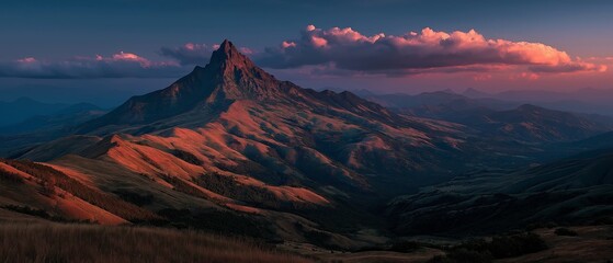 aerial view  high peak mountain with gradient horizon of new dawn, dreamy landscape