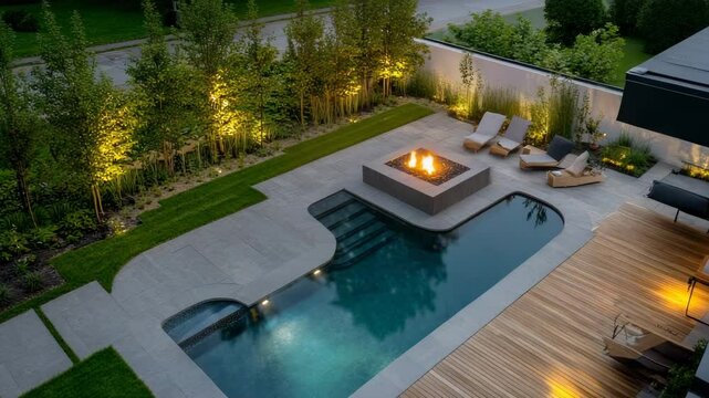 Bird's-eye view of luxury backyard with L-shaped pool, wooden deck, modern fire pit area, and soft garden lighting