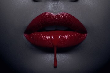 Obraz premium Close-up of feminine lips adorned with glossy red lipstick, dripping slightly, against a dark background.