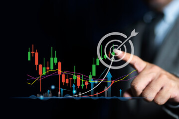 Businessman hand touching to target dart board icon with arrow for setup and achievement objectives...