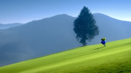 Bright balloons stand out against a serene hillside landscape during a clear day in the countryside