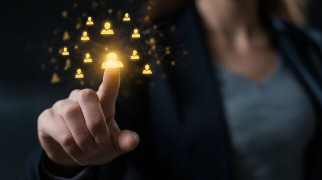 hand of man finger touching on virtual human icon button , HR recruitment and candidate selection process showcasing
