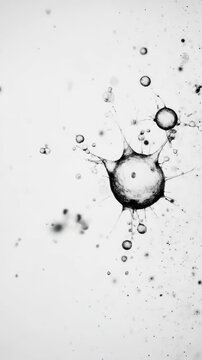 Intriguing abstract microfiltration microscopic liquid droplets and bubble create dynamic splash. Monochrome scene.