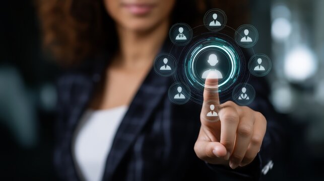 HR professionals searching and select the right person concept, woman fingers touching on virtual screen with human icon glowing