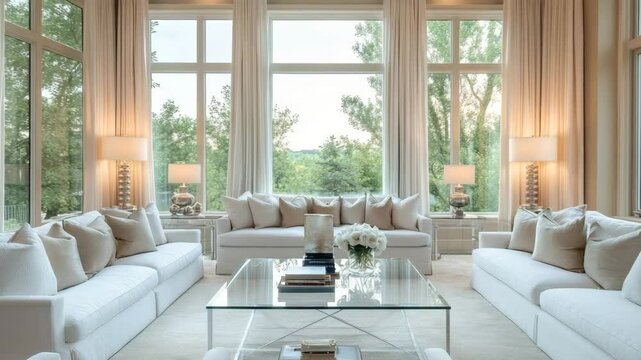 Bright luxury living room with large bay windows white sofas glass coffee table and soft ambient lighting showcasing elegant neutral-toned decor