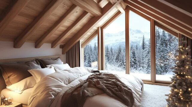 Chalet-style bedroom with sloped ceiling, timber beams, cozy bedding, and snow view outside tall windows