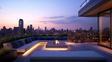 Chic rooftop terrace with sleek seating, subtle lighting, city skyline in distance and twilight sky backdrop - Powered by Adobe