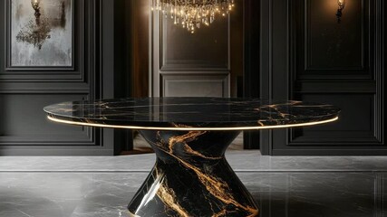 Circular pedestal table in black marble with metallic gold veining, reflecting chandelier light above - Powered by Adobe