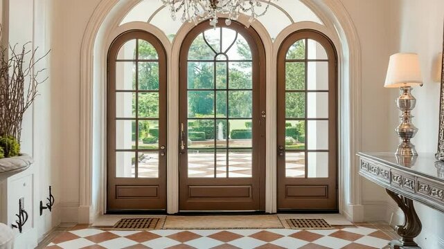 Classic entryway with arched double doors, chandelier, checkered tile floor, and a large console table with a mirror