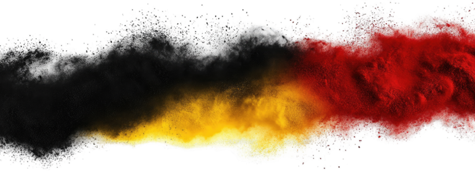 Abstract splatter of black, grey, yellow, and red colors