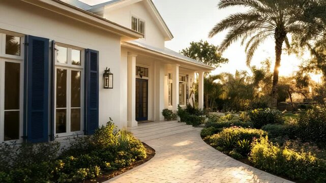 coastal villa exterior at golden hour whitewashed walls blue shutters lush landscaping warm sunlight reflecting off surfaces highlighting textures and shadows