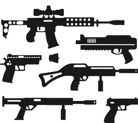 Diverse Silhouette Collection A Variety of Weapons Featuring Rifles, Pistols and a Suppressor Adding to the Arsenal Themed Display