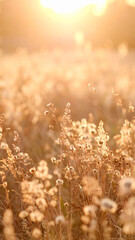 Golden Sunlight Illuminates a Field of Wildflowers at Sunset, Creating a Serene and Magical Atmosphere