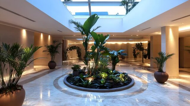 Courtyard atrium with open ceiling, marble flooring, sculptural potted plants, and ambient ground lighting