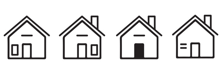 Collection home icons. House symbol. Set of real estate objects and houses black icons isolated on white background. Vector illustration.