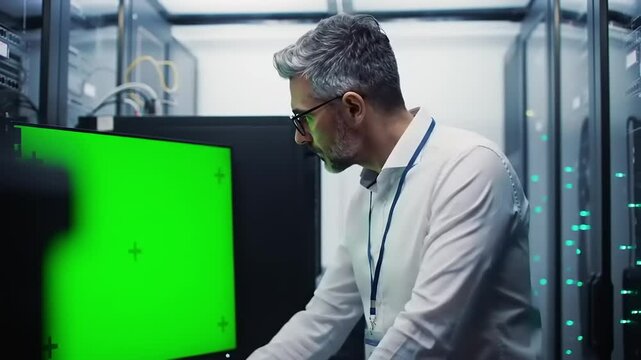 Technician adjusting settings on a green screen monitor in a high-tech server room with equipment
