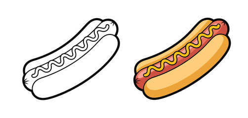 Hot Dog Illustration Coloring Page and Colored Version