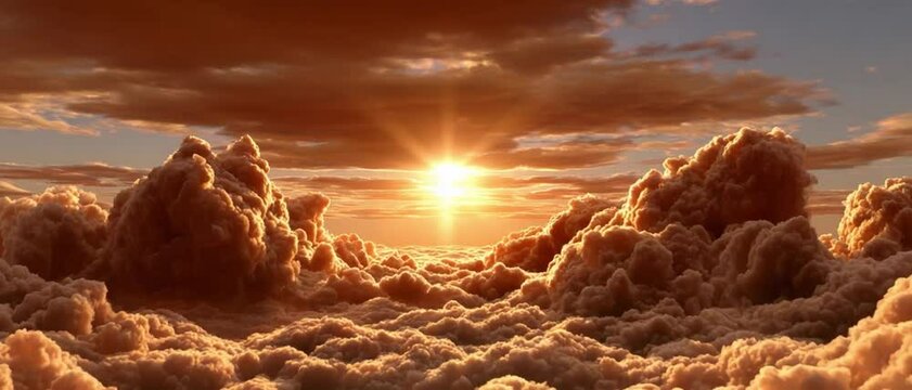 Golden Horizon: The Sun pierces through fluffy, golden clouds, heralding a breathtaking sunrise, with the warm light casting a heavenly glow.