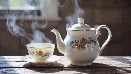 Steaming porcelain teapot and teacup with floral design on rustic wooden table in natural sunlight