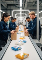 Workers Packing Products In A Modern Factory Assembly Line
