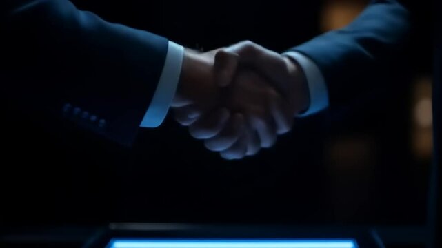 Businessmen shaking hands with deal.