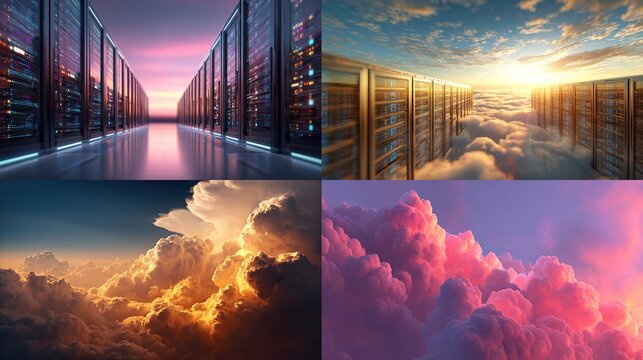 Server room corridors and cloudscapes.  Sunrise and sunset views - Powered by Adobe