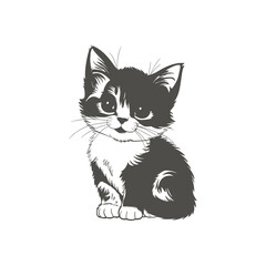 Cute Black and White Cartoon Kitten Illustration on White Background