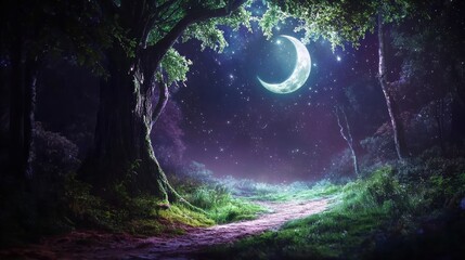 Fototapeta premium Serene pathway through lush forest under a starry sky with a glowing crescent moon illuminating the surroundings
